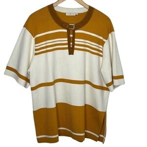 Tory Burch Orange Striped Woven Leather Short Sleeve Sweater Women Size L SPOTS